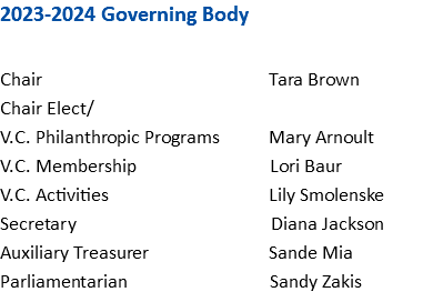 2023-2024 Governing Body Chair Tara Brown Chair Elect/ V.C. Philanthropic Programs Mary Arnoult V.C. Membership Lori Baur V.C. Activities Lily Smolenske Secretary Diana Jackson Auxiliary Treasurer Sande Mia Parliamentarian Sandy Zakis